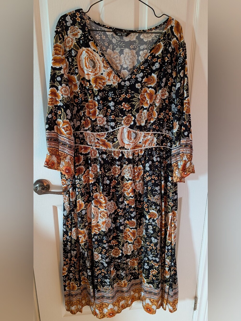Floral V-Neck Maxi Dress in Black and Burnt Orange. On Trend Colour